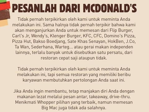 Burger King Minta Pelanggan Beli Makanan di McDonald's dan Warteg