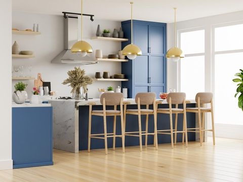 Modern kitchen interior with furniture.Stylish kitchen interior with white wall.3D Rendering