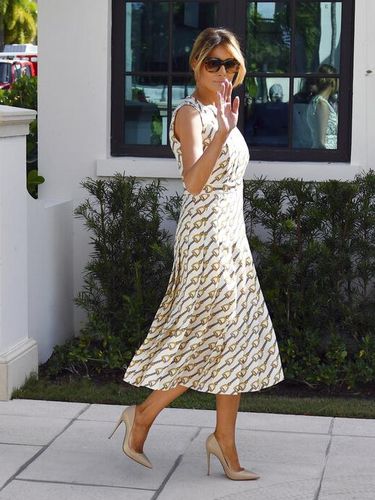 First lady Melania Trump leaves after voting at the Morton and Barbara Mandel Recreation Center, Tuesday, Nov. 3, 2020, in Palm Beach, Fla. (AP Photo/Jim Rassol)