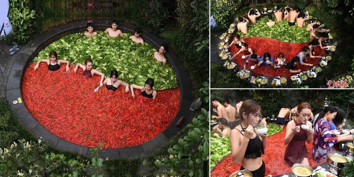 Wow! Pemandian Air Panas Tema Hot Pot Ini Isinya Cabai hingga Selada
