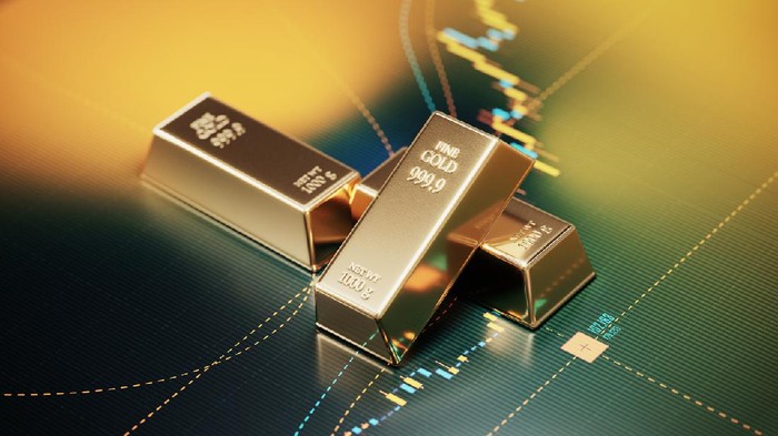Gold bars sitting over a bar graph. Selective focus. Horizontal composition with copy space. Stock market and finance concept.