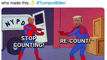 Trump minta hitung ulang, tapi minta juga menghentikan penghitungan suara. Meme Spider-Man ini cocok banget (Twitter)