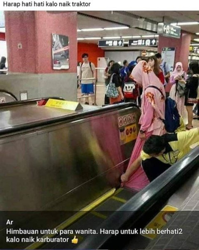 Bahaya banget nih kalau sampai mesinnya nggak mau mati terus si ibunya ikutan ketarik. Makanya hati-hati ya bun kalau naik eskalator. Foto: Instagram/@humorsantuy