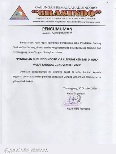 Pengumuman pembukaan kembali jalur Sindoro via Kledung.