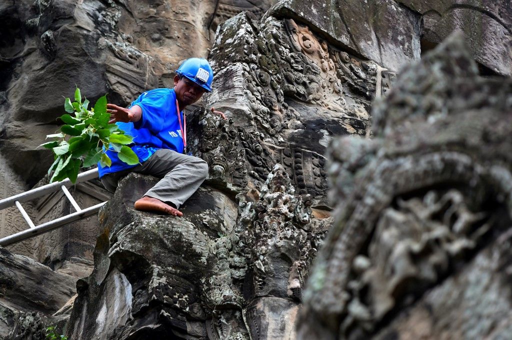 This photo taken on October 12, 2020 shows a gardener throwing down tree saplings removed from the exterior of the Angkor Wat temple in Siem Reap province. - Stacking a ladder against the towering spires of Cambodia's archaeological marvel Angkor Wat, a crack team of gardeners gingerly scales the temple's exterior to hack away foliage before it damages the ancient facade. (Photo by TANG CHHIN Sothy / AFP) / TO GO WITH Cambodia-archaeology-culture-conservation, FEATURE by Suy SE