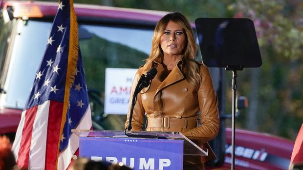 First lady Melania Trump speaks during a campaign rally at Magnolia Woods on Monday, Nov. 2, 2020, in Huntersville, N.C. (AP Photo/Chris Carlson)