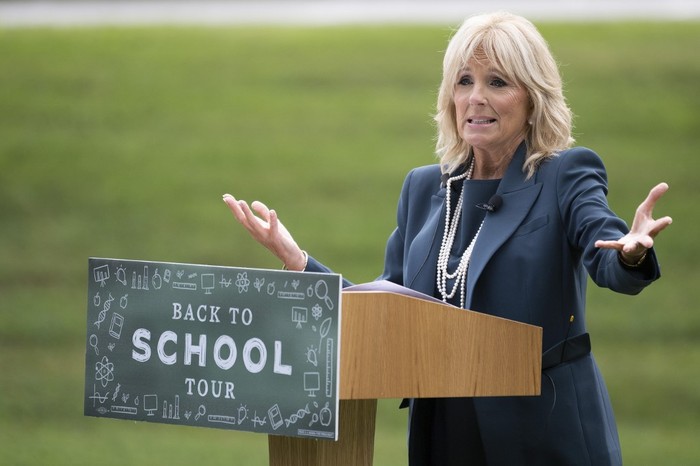 LAS VEGAS, NEVADA - FEBRUARY 21: Dr. Jill Biden (L) and her husband, Democratic presidential candidate former Vice President Joe Biden, arrive at a community event at Hyde Park Middle School on February 21, 2020 in Las Vegas, Nevada. Joe Biden is campaigning one day before the Nevada Democratic presidential caucuses.   Ethan Miller/Getty Images/AFP
