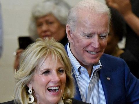 LAS VEGAS, NEVADA - FEBRUARY 21: Dr. Jill Biden (L) and her husband, Democratic presidential candidate former Vice President Joe Biden, arrive at a community event at Hyde Park Middle School on February 21, 2020 in Las Vegas, Nevada. Joe Biden is campaigning one day before the Nevada Democratic presidential caucuses.   Ethan Miller/Getty Images/AFP
