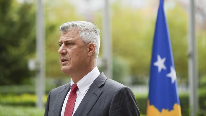Kosovo President Hashim Thaci speaks during a press conference in Pristina after he resigned to face a war crimes court in The Hague, which confirmed an indictment against him dating back to Kosovos 1990s conflict with Serbia, on November 5, 2020. (Photo by Armend NIMANI / AFP)