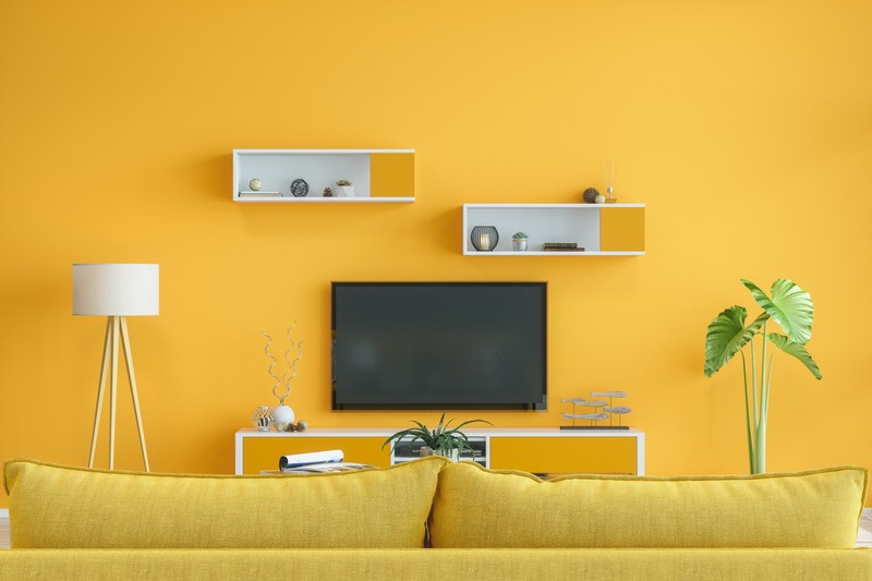 Smart Tv Mockup With Blank Screen In Yellow Room