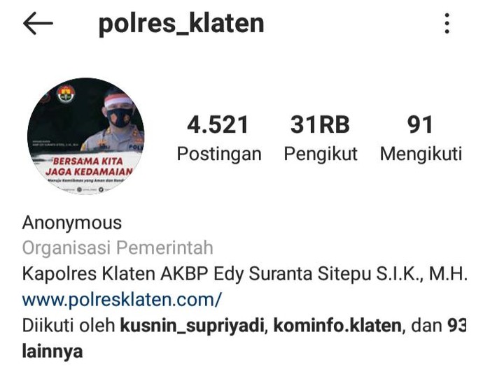 tangkapan layar akun IG Polres Klaten yang dipulihkan. Foto diambil Sabtu (7/11/2020).