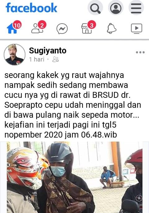 Tangkapan layar FB Sugiyanto soal kakek gendong mayat bayi di RSUD Cepu. Postingan ini diunggah Kamis (5/11) dan Sabtu (7/11) sudah dihapus.