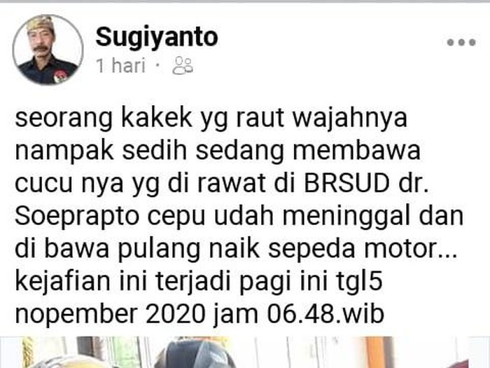 Tangkapan layar FB Sugiyanto soal kakek gendong mayat bayi di RSUD Cepu. Postingan ini diunggah Kamis (5/11) dan Sabtu (7/11) sudah dihapus.