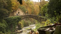 Tampak orang-orang berjalan melintasi jembatan batu tua yang diselimuti oleh pepohonan dalam warna musim gugur, di Jesmond Dene, Newcastle, Inggris utara. Owen Humphreys/PA via AP.