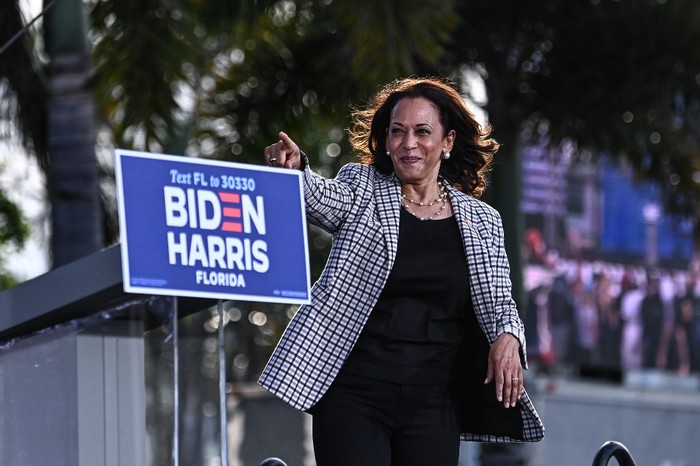 PHILADELPHIA, PA - NOVEMBER 02: Democratic vice presidential nominee Sen. Kamala Harris (D-CA) addresses supporters at a drive-in election eve rally on November 2, 2020 in Philadelphia, Pennsylvania. Democratic presidential nominee Joe Biden, who is originally from Scranton, Pennsylvania, remains ahead of President Donald Trump by about six points, according to a recent polling average. With the election tomorrow, Trump held four rallies across Pennsylvania over the weekend, as he vies to recapture the Keystone States vital 20 electoral votes. In 2016, he carried Pennsylvania by only 44,292 votes out of more than 6 million cast, less than a 1 percent differential, becoming the first Republican to claim victory here since 1988.   Mark Makela/Getty Images/AFP