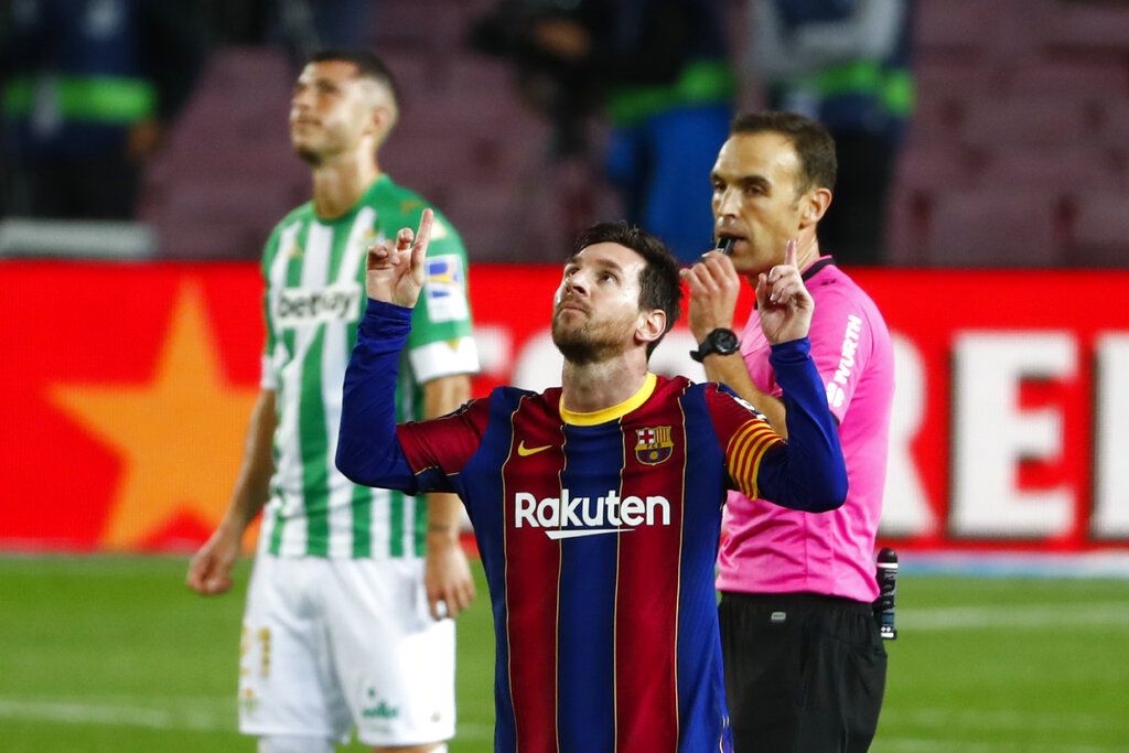 Lionel Messi Barcelona's Lionel Messi celebrates after scoring his side's fourth goal during the Spanish La Liga soccer match between FC Barcelona and Betis at the Camp Nou stadium in Barcelona, Spain, Saturday, Nov. 7, 2020. (AP Photo/Joan Monfort)