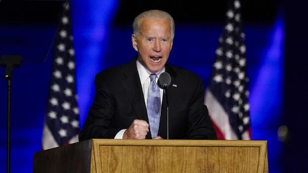 President-elect Joe Biden speaks Saturday, Nov. 7, 2020, in Wilmington, Del. (AP Photo/Andrew Harnik)