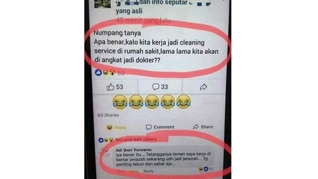 Kira-kira beneran bisa nggak ya? Cobain sendiri deh, siapa tau ada mukzizat terus dari cleaning service lama-lama bisa diangkat jadi dokter. Foto: Facebook