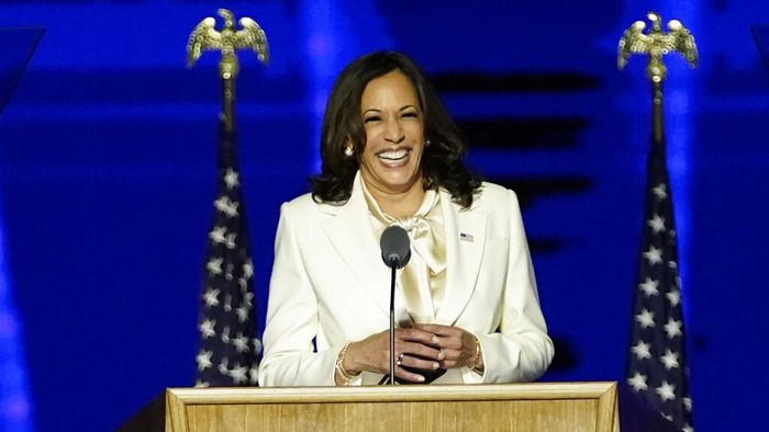 President-elect Joe Biden joins Vice President-elect Kamala Harris on stage Saturday, Nov. 7, 2020, in Wilmington, Del. (AP Photo/Andrew Harnik, Pool)