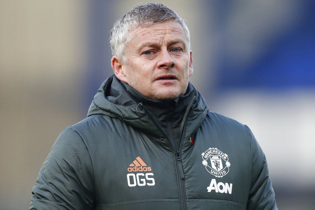 Ole Gunnar Solskjaer Manchester United's manager Ole Gunnar Solskjaer walks to the bench during the English Premier League soccer match between Everton and Manchester United at the Goodison Park stadium in Liverpool, England, Saturday, Nov. 7, 2020. (Clive Brunskill/Pool via AP)