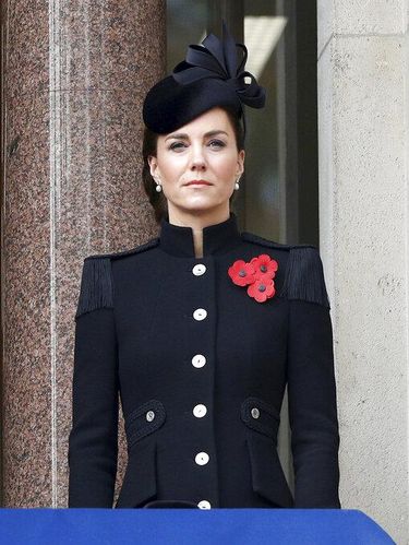 Britain's Kate, the Duchess of Cambridge stands on the balcony of the Foreign Office, during the Remembrance Sunday service at the Cenotaph, in Whitehall, London, Sunday Nov. 8, 2020. (Peter Nicholls/Pool Photo via AP)