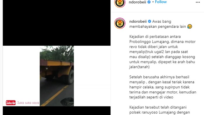 Truk ugal-ugalan halangi pemotor yang hendak menyalip