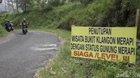 Diketahui, sejumlah destinasi wisata di lereng Gunung Merapi di Kabupaten Sleman seperti Bukit Klangon, Kaliadem, Petilasan Mbah Maridjan dan Bukit Turgo tutup seiring meningkatnya status Gunung Merapi menjadi siaga.