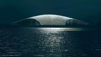 Bangunannya terlihat diangkat dari tanah, memperlihatkan rongga bawahnya. Dari laut gedung ini pun terlihat seperti sirip ikan paus. (Mir / The Whale / Dorte Mandrup)