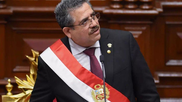 The speaker of the Peruvian Congress, Manuel Merino, gives a speech during his swearing-in ceremony as interim president in Lima on November 10, 2020 a day after the Congress voted to impeach and oust President Martin Vizcarra over corruption allegations Merino, 59, was sworn in at a special session of Congress on Tuesday, becoming Perus third president since 2016, reflecting the institutional fragility which has characterized the South American country. Under the constitution, he will take over the presidential functions until the end of the current term in July 2021. Cesar Von BANCELS AFP