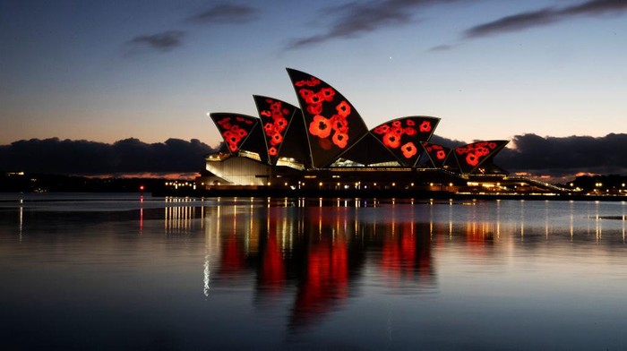 Peringati PD 1, Opera House Sydney Diterangi Bunga Poppy SYDNEY, AUSTRALIA - NOVEMBER 11: A general view is seen of poppies projected onto the sails of the Opera House on November 11, 2020 in Sydney, Australia. Remembrance Day 2020 marks 102 years since the Armistice that ended the First World War on 11 November 1918. Almost 62,000 Australians died fighting in four years of global conflict. On this day Australians observe one minute's silence at 11 am to honour those who have served and those who have died in war and on peacekeeping and humanitarian operations. (Photo by Jenny Evans/Getty Images)