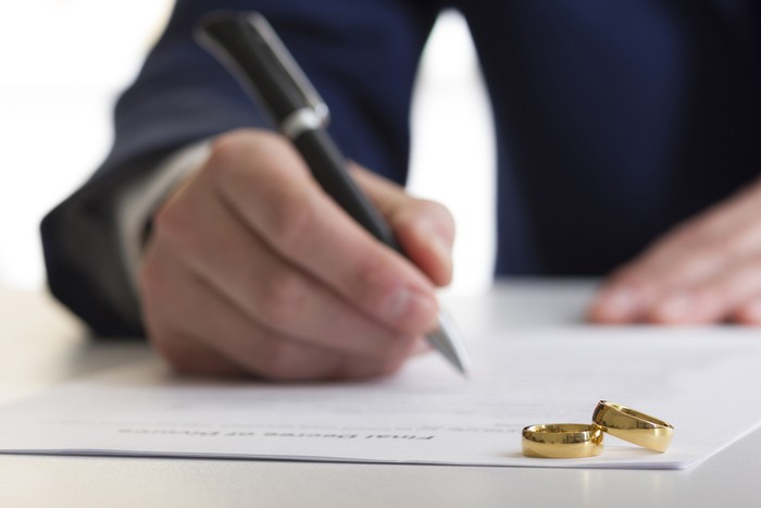 Hands of wife, husband signing decree of divorce, dissolution, canceling marriage, legal separation documents, filing divorce papers or premarital agreement prepared by lawyer. Wedding ring.