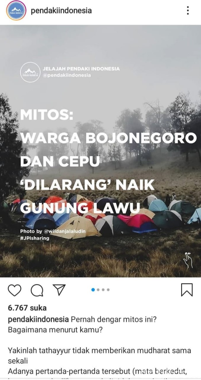 Postingan yang diunggah @pendakiindonesia soal mitos warga Bojonegoro dan Cepu dilarang naik ke Gunung Lawu, viral di medsos.