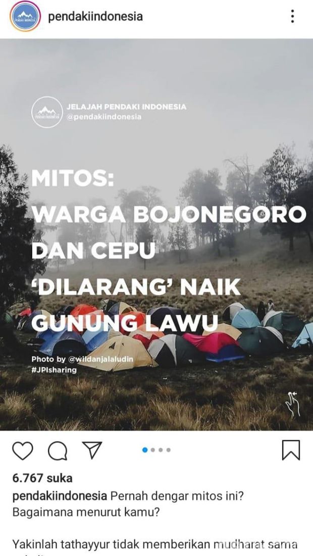 Postingan yang diunggah @pendakiindonesia soal mitos warga Bojonegoro dan Cepu 'dilarang' naik ke Gunung Lawu, viral di medsos.