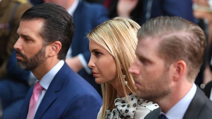(L-R) Donald Trump Junior, Ivanka Trump and Eric Trump listen to their father, US President Donald Trump give a joint press conference at the Foreign and Commonwealth office in London on June 4, 2019, on the second day of their three-day State Visit to the UK. - US President Donald Trump turns from pomp and ceremony to politics and business on Tuesday as he meets Prime Minister Theresa May on the second day of a state visit expected to be accompanied by mass protests. (Photo by MANDEL NGAN / AFP)        (Photo credit should read MANDEL NGAN/AFP via Getty Images)