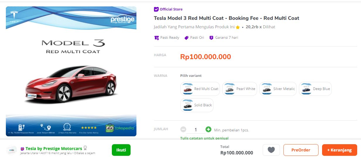 Mobil Tesla kini dijual di toko online