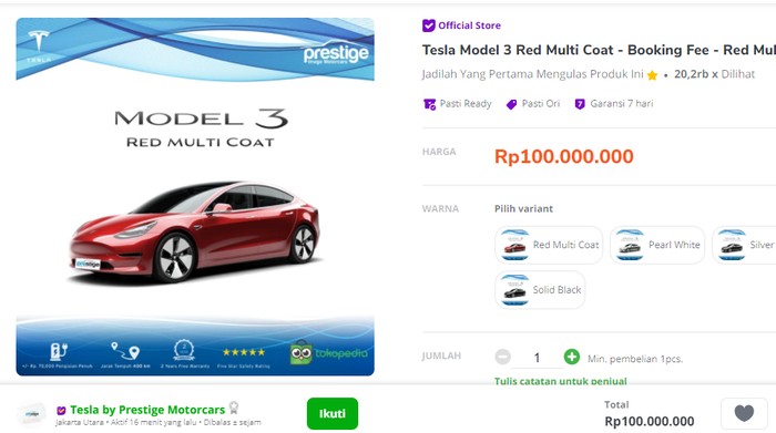 Mobil Tesla kini dijual di toko online
