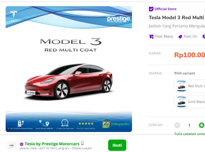 Mobil Tesla kini dijual di toko online