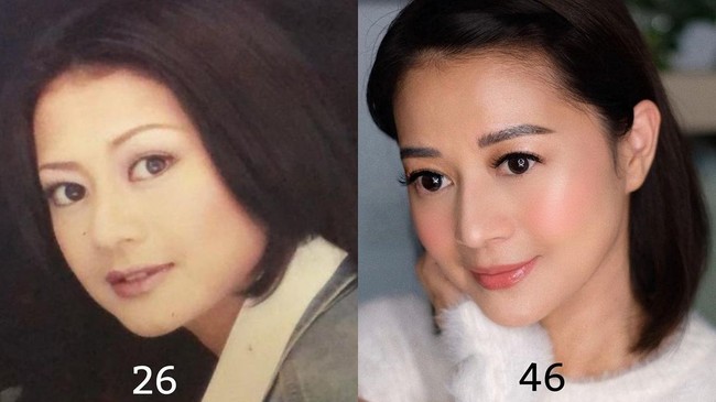 Henny mengunggah dua foto yang dijadikan satu. Foto kiri saat usianya 26, dan foto kanan usianya saat ini. Setelah 20 tahun berlalu, bahkan wajah Henny tidak ada perubahan. Ahhhh to finally be here and feel absolutely awesome!#NeverBeenHappier. Pas 26 itu, ngga bisa dandan. Jadi ini dandan di salon. Alis dicukur abis. Kasian. Dapet salam dari alis segaris! keterangan fotonya. Foto: dok. Instagram @henyharun