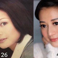 Henny mengunggah dua foto yang dijadikan satu. Foto kiri saat usianya 26, dan foto kanan usianya saat ini. Setelah 20 tahun berlalu, bahkan wajah Henny tidak ada perubahan. Ahhhh to finally be here and feel absolutely awesome!#NeverBeenHappier. Pas 26 itu, ngga bisa dandan. Jadi ini dandan di salon. Alis dicukur abis. Kasian. Dapet salam dari alis segaris! keterangan fotonya. Foto: dok. Instagram @henyharun