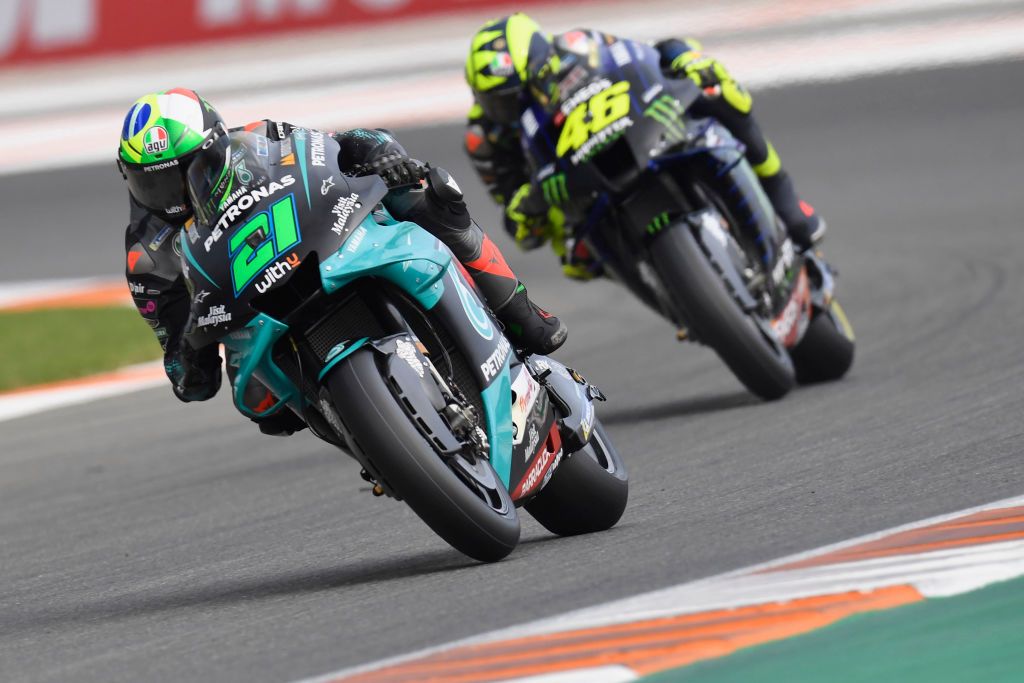 VALENCIA, SPAIN - NOVEMBER 13: Franco Morbidelli of Italy and Petronas Yamaha SRT  leads the field  during the free practice for the MotoGP of Comunitat Valenciana at Comunitat Valenciana Ricardo Tormo Circuit on November 13, 2020 in Valencia, Spain. (Photo by Mirco Lazzari gp/Getty Images)
