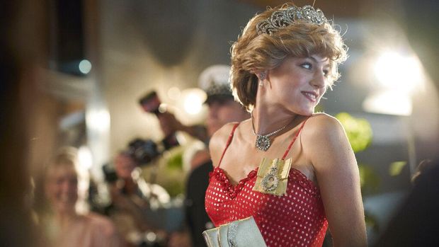 This combination photo shows Emma Corrin portraying Diana Spencer in the fourth season of the Netflix series 