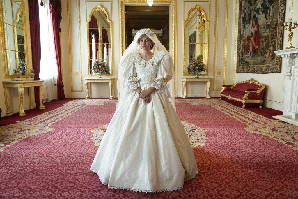 This combination photo shows Emma Corrin portraying Diana Spencer in the fourth season of the Netflix series 