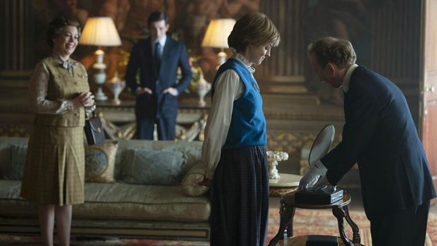 This combination photo shows Emma Corrin portraying Diana Spencer in the fourth season of the Netflix series 
