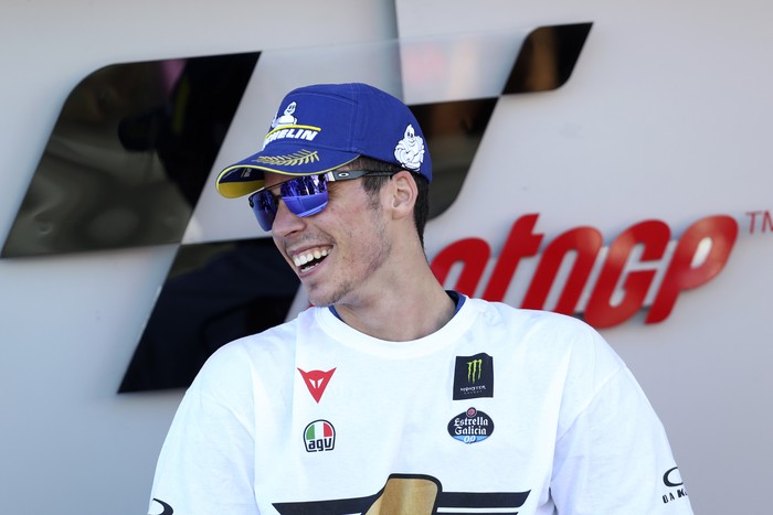 2020 World champion, Spains rider Joan Mir of the Team SUZUKI ECSTAR celebrates ash the end of the MotoGP Valencia Grand Prix in Ricardo Tormo Circuit in Valencia, Spain, Sunday, Nov. 15, 2020. (AP Photo/Alberto Saiz)