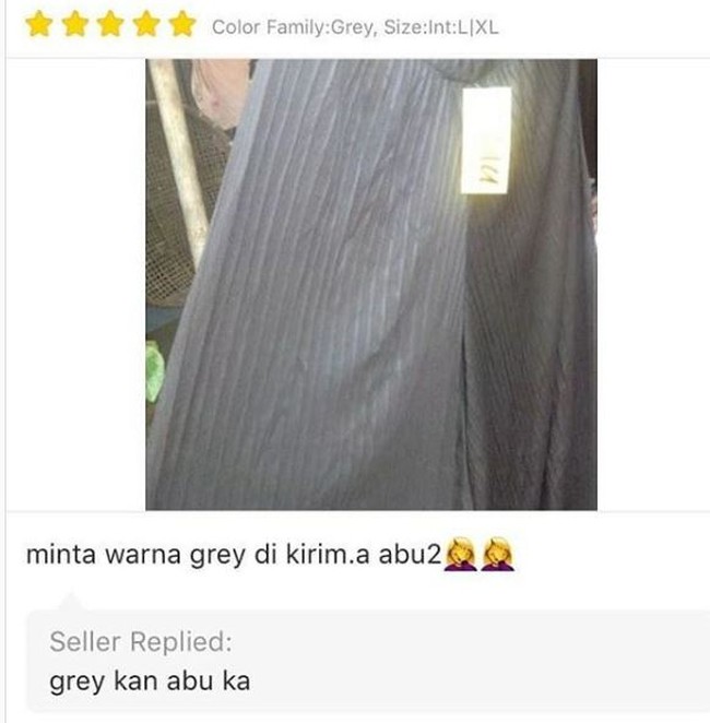 Nah kalau ini sih si pembelinya yang lucu. Grey itu kan abu-abu kali. Bikin penjualnya naik darah aja deh.. Foto: Instagram/@dramaolshop.id
