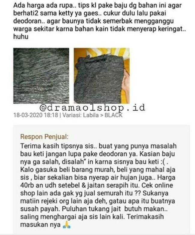 Kalau itu mah yang salah bau keringatnya dong, bukan bajunya. Liat saja penjualnya sampai kesal terus kasih balasan panjang banget nih.. Foto: Instagram/@dramaolshop.id