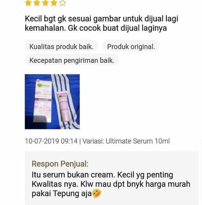 Ya namanya juga skincare sis, kalau mau yang banyak tapi murah yaudah pakai tepung aja kayak saran si penjual. Foto: Instagram/@dramaolshop.id