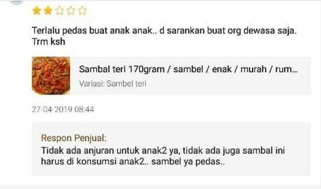 Balasan si penjual yang satu ini nggak kalah pedas dari sambal yang dijualnya ya. Makanya bun biar anaknya nggak kepedesan nggak usah dikasih sambal ya.. Foto: Instagram/@dramaolshop.id