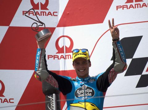 HOHENSTEIN-ERNSTTHAL, GERMANY - JULY 15: Joan Mir of Spain and EG 0,0 Marc VDS celebrates the second place on the podium at the end of the moto2 race during the MotoGp of Germany - Race at Sachsenring Circuit on July 15, 2018 in Hohenstein-Ernstthal, Germany. (Photo by Mirco Lazzari gp/Getty Images)