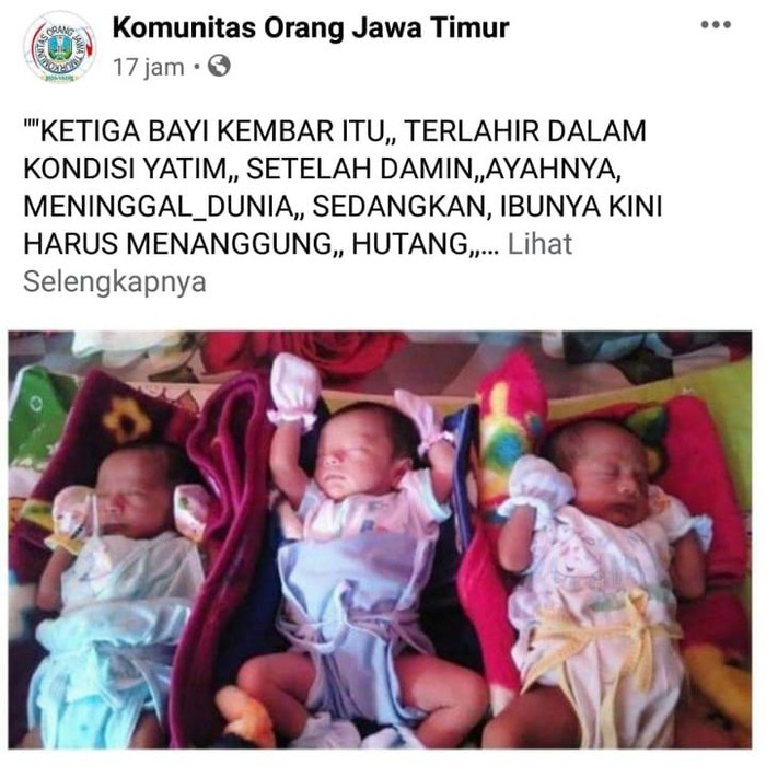 Beredar cerita wanita di Nganjuk melahirkan 3 bayi kembar hingga berutang Rp 43 juta. Ia berutang kepada saudara dan tetangga.